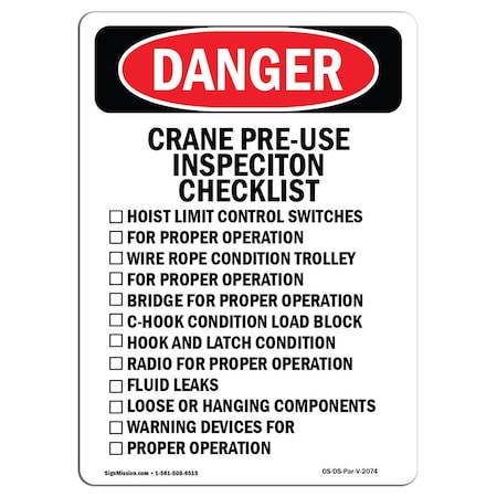 Signmission Safety Sign, OSHA Danger, 14" Height, Portrait Crane Pre-Use Inspection, Portrait OS-DS-D-1014-V-2074